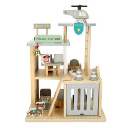 Drevená policajná stanica + policajné auto s vrtuľníkom