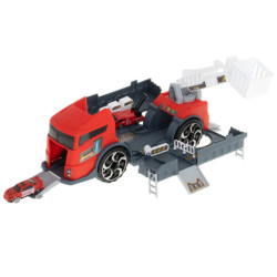 Transportér TIR 2v1 parkovacia garáž hasiči + 3 autá červená