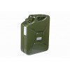 Kovový kanister slúži na prepravu pohonných hmôt. Farba zelená.