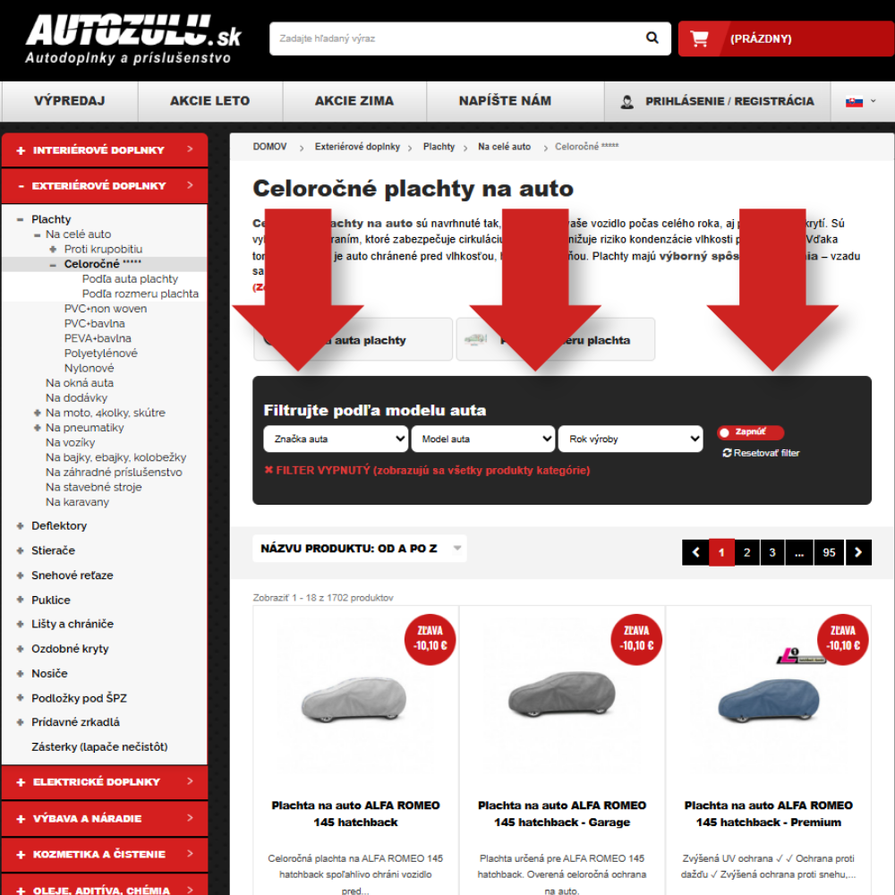 vyber plachty podla auta filter