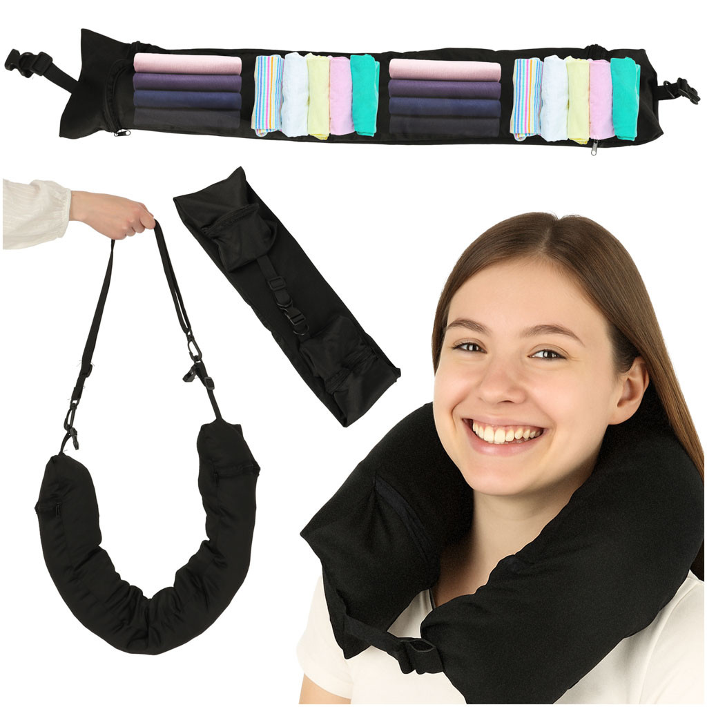 Cestovný vankúš cestovná rohovková opierka hlavy opierka krku úložný priestor na náplň čierna